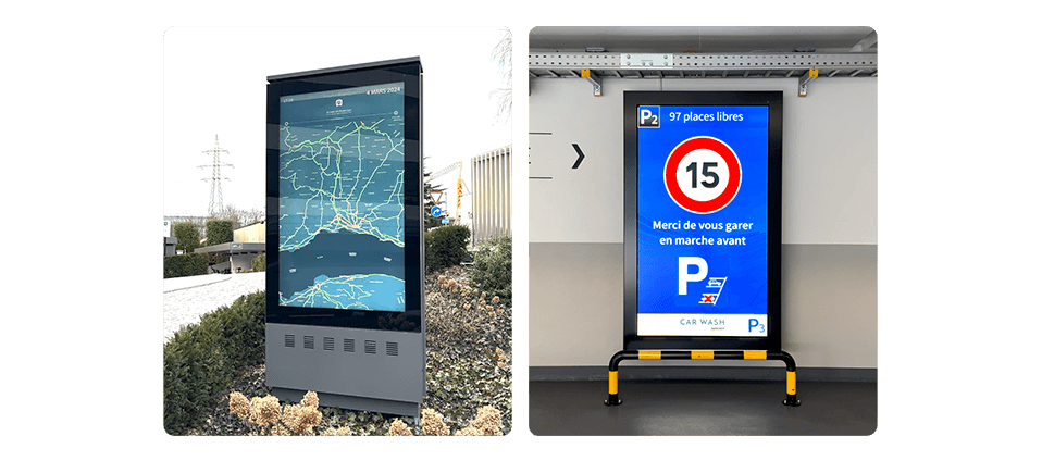 totems extérieurs de signalisation numérique de bienvenue et de départ au bâtiment Millennium en Suisse